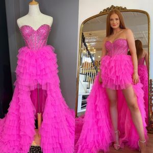 Merhaba lo ballı elbise 2022 Ballgown Sweetheart boyun vestidos de fiesta ruffles Resmi akşam parti elbisesi lady bayan kadın fuşya tül kristalleri boncuk maruz kalmış kırmızı