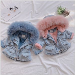 Girls Winter Thick Denim Hooded Coat with Fur Collar and Cotton Jacket for Kids