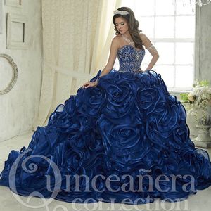 Kraliyet Mavi Quinceanera Elbiseler Balo Sevgiliye Boncuklu Kristal Ruffles Etek Tatlı 16 Elbise Vestidos De 15 Anos