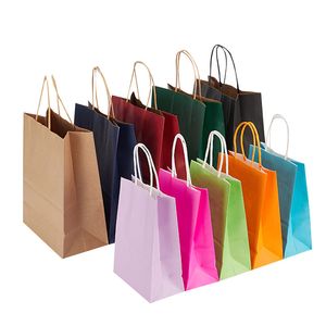 Kraft kağıt hediye sargısı 21x27x11cm çok renkli butik mağaza alışveriş çantası festivali hediye depolama çantaları saplı