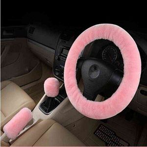 1PC Car Steering Wheel Cover Gearshift Handbrake Cover Protector Decoration Warm Super Thick Plush Collar Soft Black Pink Women Man Y220422