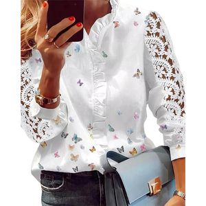 Kadın Bluz Gömlek Kadın Zarif Moda Kelebek Baskı Üst Ruffled Trim Casual Uzun Dantel Kollu Bluz