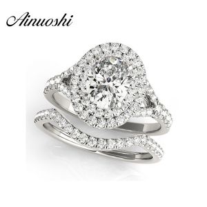 Ainuoshi 925 Sterling Silver White Gold Color Queen Anniversary Ring Stain Sona Sona 3 Carat Oval Cut Wedding Halo Bridal Sets Y200106