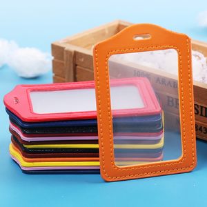 PU Leather ID Badge Case Clear With Color Border Lanyard Holes Card Badge Holder 11x7CM Office Stationery Supplies