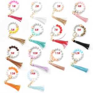 Silicone Keychain For Keys Tassel Wood Beads Bracelet Keyring Women Accessories Multicolor Handbag Pendant Jewelry Wholesale