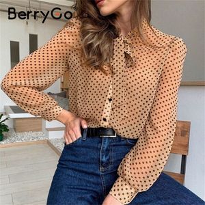 Berrygo Şeffaf Seksi Polka Dot Kadınlar Bluz Gömlek Vintage Kravat Boyun Ofis Giyim Bahar Bluz Chic Uzun Kollu Kadın LJ200810 Tops