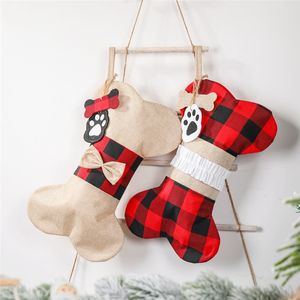 Yeni Yıl Noel çorap Buffalo Ekose Büyük Kemik Şekli Evcil Çorap İçin Köpekler Noel Süsleri Hediye Çanta JK2011XB