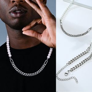 Hiphop Half 7mm Miami Cuban Link Chain And Half 8mm Pearls Choker Necklace For Men And Women In Stainless Steel JewelryQ0115