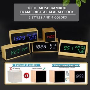 100% Bambu Dijital Çalar Saat Ayarlanabilir Parlaklık Ses Kontrol Masası Büyük Ekran Zaman Sıcaklık USB / Pille Powered LJ201204