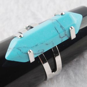 WOJIAER Unique Ring for Women Hexagonal Natural Turquoise Stone Beads Rings Silver Color Party Jewelry X3010