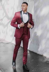 Slim Fits Wine Red Men Work Business Suites Trues Thious Man Promet Pressing Pressions Groom Tuxedos (куртка + брюки + жилет + галстук) W1140
