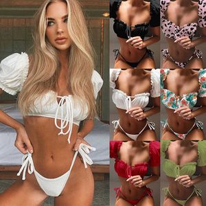 2022 trends Girls Crop Top Bikini Set Swimwear For Women Summer Sexy Beachwear Short Sleeve Swimsuit 6 Colors