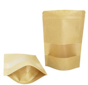 100 adet / grup Craft Kağıt Çerez Çuval, 22 * ​​30 cm Stand Up Kraft Kağıt Torba ile Şeffaf Pencere-Ayakta Toz Geçirmez Peynir