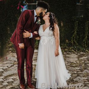 BOHO Artı Boyutu Gelinlik Ile Dantel V Boyun Bir Çizgi Beach Gelinlikler Seksi Backless Tül Ülke Bohemian Gelin Elbiseleri Flowy Bahçe Hippiler Robe de Mariée Kadınlar