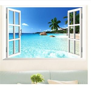 Обои Оптовая продажа - 2021 60 * 90 см 3D окна PVC Съемный классический синий пляж стена бумаги декоративный DP1281