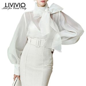 [LIVIVIO] Yaz Uzun Fener Kollu Yay Beyaz Sheer Bluz Kadınlar Siyah Gömlek Ofis Bayanlar Kore Moda Giyim Tops LJ200812