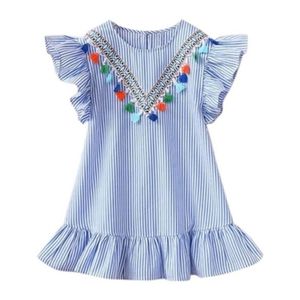 Bebek Kız Elbise Çizgili Prenses Elbise Püskül Yaka Çocuklar Elbiseler Ruffled Kollu Yaz Çocuk Giyim Mavi Pembe M4029