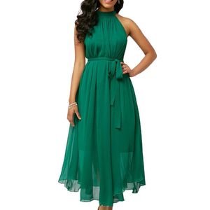 Artı Boyutu Bayan Elbise Yaz Katı Renk Pileli Şifon Kolsuz Kuşaklı Maxi Parti Elbise Bayan Aşınma T200603