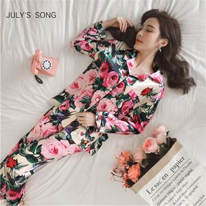 Julys Song Women Sahte İpek Kıyafet Saten Pijamalar Set Çiçek Baskı Uzun Kollu 2 Parça 2 Sonbahar Kış Pijamay Homewear 201109