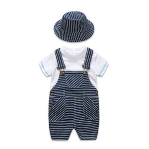 Yenidoğan Bebek Yaz Erkek Giysileri Bebek Kıyafetleri Çocuk Giysileri 3 adet/takım beyaz tişört + askı Pantolon + şapka Erkek Setleri