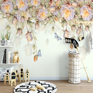 Пользовательские 3D фото обои Ручная роспись розы бабочки Современная картина маслом Mural Спальня Гостиная Обоев Home Decor