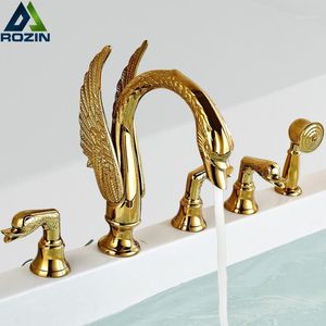 Altın Kuğu Küvet Musluk Güverte Üstü Banyo Duş Seti Pirinç El Duş Havzası Mikser Dokunun Yaygın Küvet Lavabo Muset1