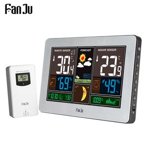 FanJu Weather Station Digital Wall Alarm Clock Table Desk Clocks Thermometer Hygrometer Barometer Wireless Outdoor Sensor FJ3378 220311