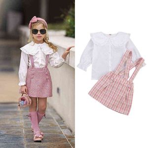Focusnorm Sonbahar Prenses Çocuk Bebek Kız Giysileri Setleri 2pcs Peter Pan Yakası Tek Göğüslü Üstler Ekose Baskı Baskı Kayışı Elbise G220310