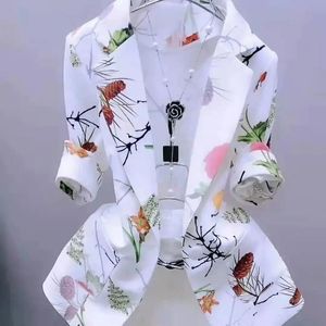 Kadınlar Suits Blazers Çiçek Baskı Güneş Koruyucu İnce Hardigan Kadınlar için Zarif Üç Çeyrek Ofis Lady Sonbahar Ceket