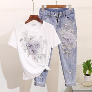 Amolapha Camiseta Feminina com Lantejoulas e Frisado 3D Flor de Algodão + Calça Jeans Conjuntos de Roupas de Verão Meia Calça Jeans1