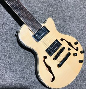 Custom Shop 7 Saiten Semi-Hollow Body E-Gitarre mit geflammter Ahorndecke, Naturholzgitarre, schwarze Hardware, China Jazz Guitars