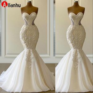 NUOVO! 2022 Sexy Vestido De Novia Abiti da sposa a sirena Abiti da sposa formali Sweetheart Ricamo Appliques di pizzo Perline di cristallo Luxury Illusion Sweep Train Plus Size