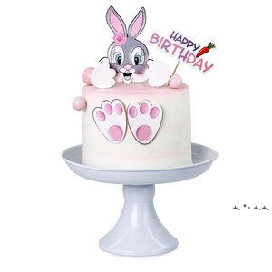 Rabbit Bunny Footprint Carrot Cake Topper for Kids Happy Birthday Decoration Cupcake Decor Party Baking Supplies DIY Easter