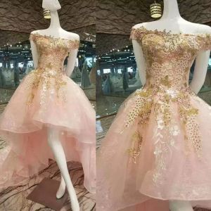 Allık Pembe Balo Elbiseleri Yüksek Düşük Altın Nakış Dantel Kapalı Omuzdan Özel Yapımı Artı Boyut Akşam Partisi Elbise resmi OCN Wear Vestidos