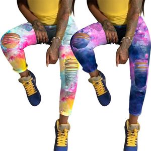 Tasarım Kadınlar Kravat Boya Baskı Delik Kalem Kot Seksi Rahat Yüksek Bel Denim Pantolon Moda Pantolon