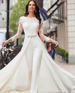 Elegante Lange Mouwen Kant 2022 Trouwjurken Jumpsuit Chiffon Applique Ruches Sweep Train Wedding Bruidsjurken robe de mari￩e