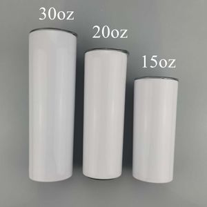Sublimation Skinny Tumbler 15oz 20oz 30oz Blank Stainless Steel Tumbler Double Wall Vacuum Coffee Cup White Coffee Mug A02