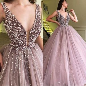 New Sexy Plunging V Neck Beaded Crystals Quinceanera Prom Dresses Dusty Pink Tulle Sleeveless Evening Dresses Formal Party Wear Cheap Gowns