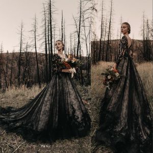 2020 Gotik Siyah Vintage Gelinlik Bir Çizgi V Boyun Dantel Aplikler Tül Illusion Backless Sweep Tren Artı Boyutu Örgün Gelinlikler