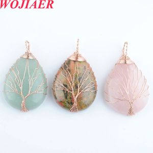 WOJIAER Handmade Wrap Wire Tree of Life Chokers Necklaces & Pendants Water Drop Shape Natural Stone Rose Pink Quartz Crystal Jewelry BO901
