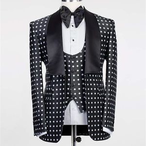 Yeni Bir Düğme Siyah Polka Dot Groom Smokin Şal Yaka Groomsmen Erkek Düğün Balo Suits (Ceket + Pantolon + Yelek + Kravat) No: 154 201106