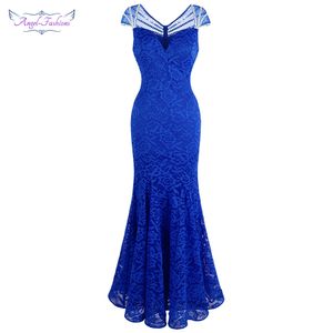 Angel-Fashions Bayan Cap Sleeve Boncuk Dantel Abiye Uzun Mermaid Düğün Parti Kıyafeti Mavi 482 LJ201123