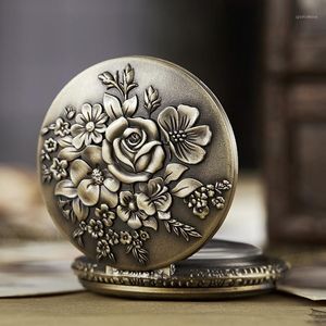 Древние карманные часы FOB цепь цветок роза гравированные часы мужские флип бронзовые чехол смотреть старинные часы для мужчин женщин подарки1