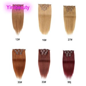 Перувиан 100% Virgin Human Hair Pright Clip in Extensions 12# 16# 27# 33# 99J Remy Clip на шелковистой прямой 14-24 дюйма 70 г 100G