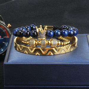 Модный 3 шт./компл., браслет с короной и браслетом для мужчин и женщин, леопардовый плетеный браслет, браслеты из нержавеющей стали, синие ювелирные изделия с фианитом