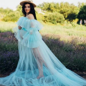 Basit Moda Işık Mavi Tül Gelinlik Modelleri Fırfır Uzun Kollu Hamile kadın Elbise Fotoğraf Çekimi için Sırf Analık Abiye Özelleştirmek Özelleştirmek