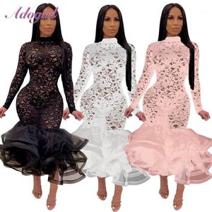 Abiti casual Sexy Organza floreale Sheer Mesh Lace Ruffle Patchwork Evening Party Dress 2021 Manica lunga Mock Neck Mermaid Club Dresses1