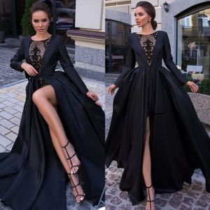 Uzun Kollu Siyah Balo Elbiseleri Dantel Saten Ön Yarık Özel Yapımı Kepçe Boyun Bir Hat Zemin Uzunluğu Resmi Akşam Parti