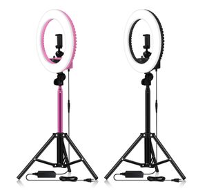 Adjustable Pink LED Selfie Ring Light with Stand - Stepless Dimming, Ideal for Makeup & Photo/Video Shoots