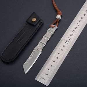 1 шт. Новый маленький Damascus фиксированный нож для лезвия VG10 Damascus Steel Steel Tanto Point Blade полный тан бамбуковая ручка с кожаной оболочкой